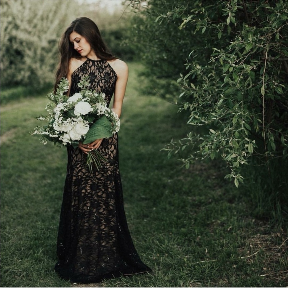 Deb Black Floral Lace Backless Formal or Prom Dress